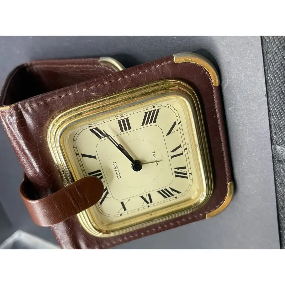 Vintage Seiko Quartz Travel Alarm Clock Brown Leather Folding Case QQ534B